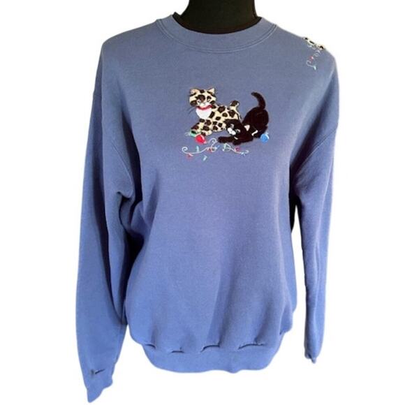 Vintage Cat Sweatshirt by Morning Sun Size Large, Embroidered Holiday Kittens - Picture 2 of 7